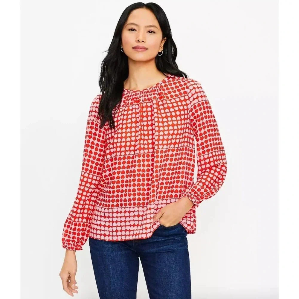 Ann Taylor LOFT Petites Red & Pink Heart Ruffle Cuff Long Sleeve Blouse XXSP